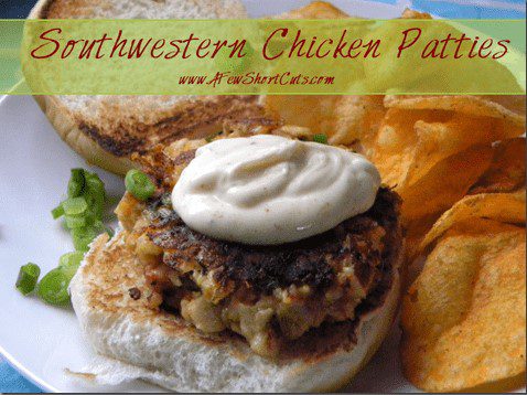 Southwestern chicken patties with chips on a plate
