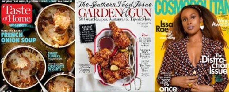 Covers of Taste of Home, Garden & Gun and Cosmopolitan included in the magazine bundle deal