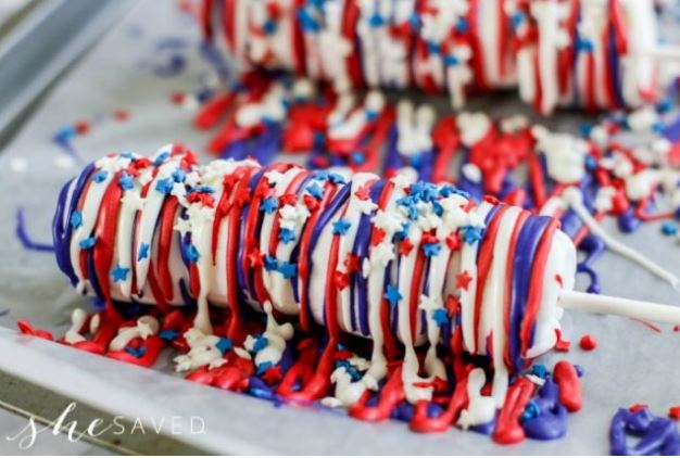 Tray of 4th of July desserts - red, white and blue marshmallow pops
