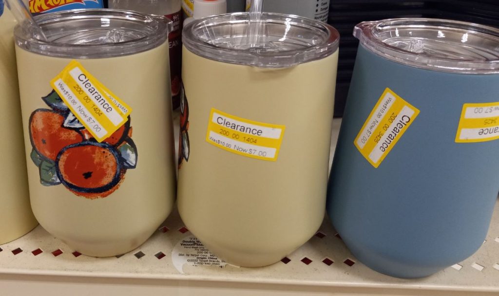 Clearance decorative cups with straws on clearance on a Target shelf