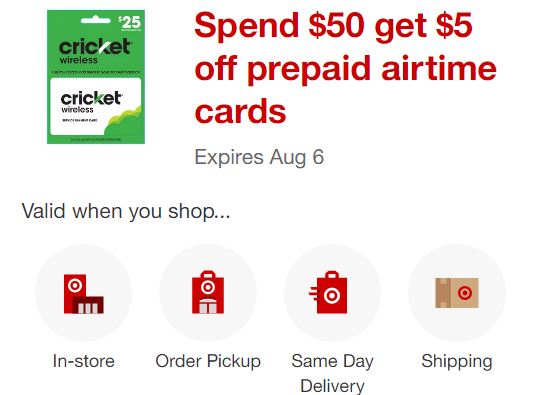 image of $5 off prepaid Airtime Cards of $50 or more offer