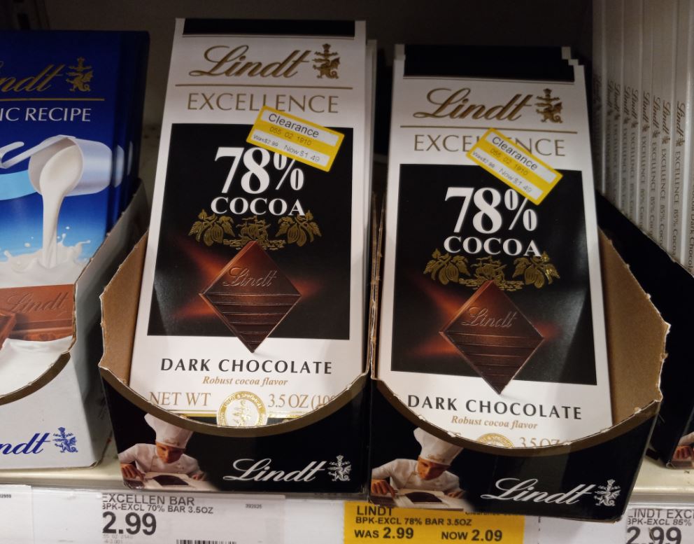 Lindt Chocolate Bars on clearance on a shelf at Target