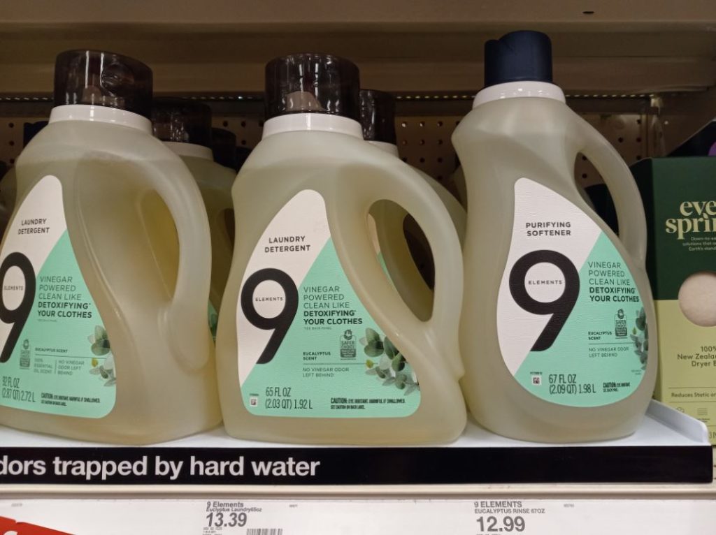 9 Elements laundry care products on a shelf at Target