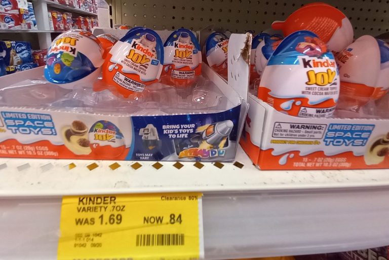 Kinder Joy Eggs on a clearance shelf at Target