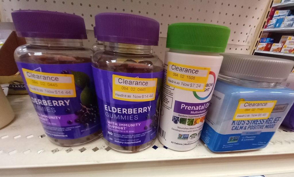 Target Clearance in Health and beauty including vitamins on an endcap.