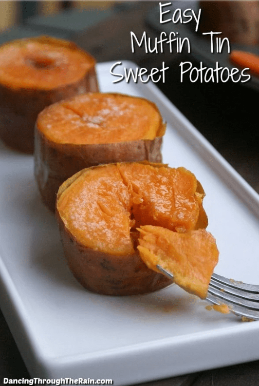Our Favorite Thanksgiving Day recipe of muffin tin sweet potatoes on a white plate