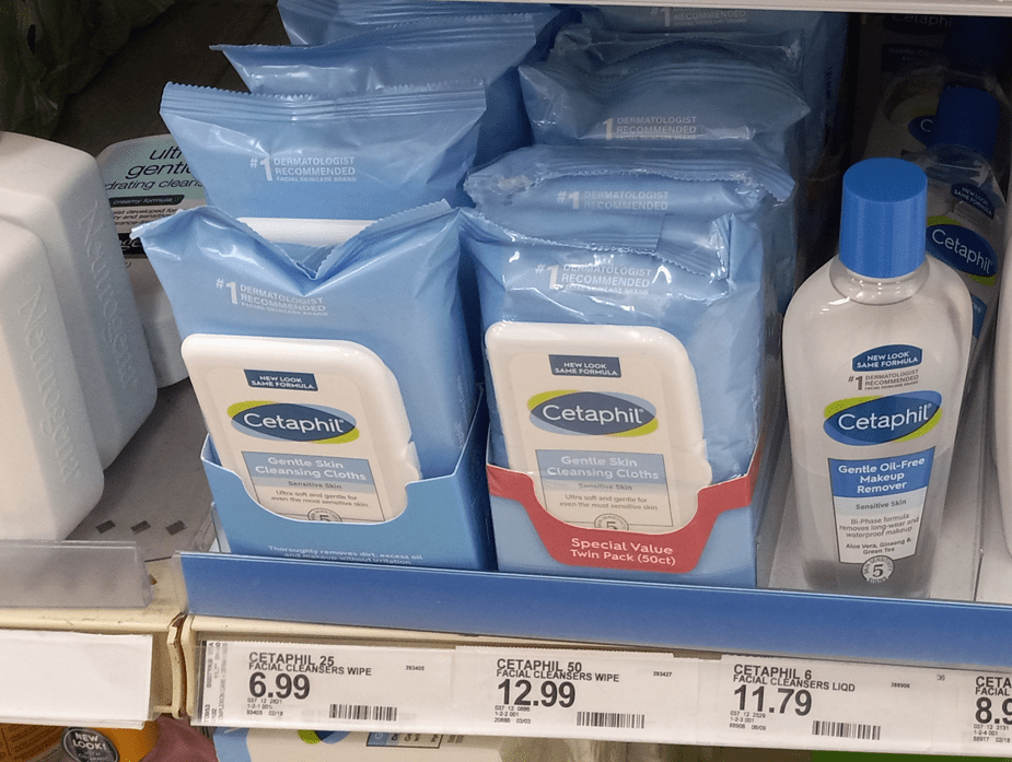 Cetaphil products on a shelf at Target that are included in the skin care deals.