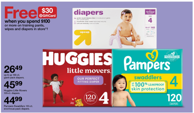 Pampers products and Huggies products on a purple background