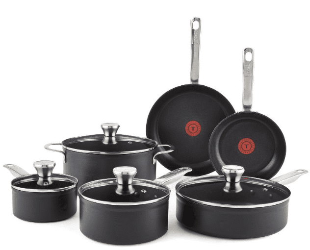 T-Fal 10 piece cookware set spread out against a white background