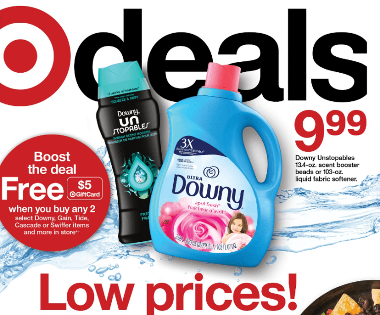 Cover of the 2-12 Target Ad showing Downy bottles.