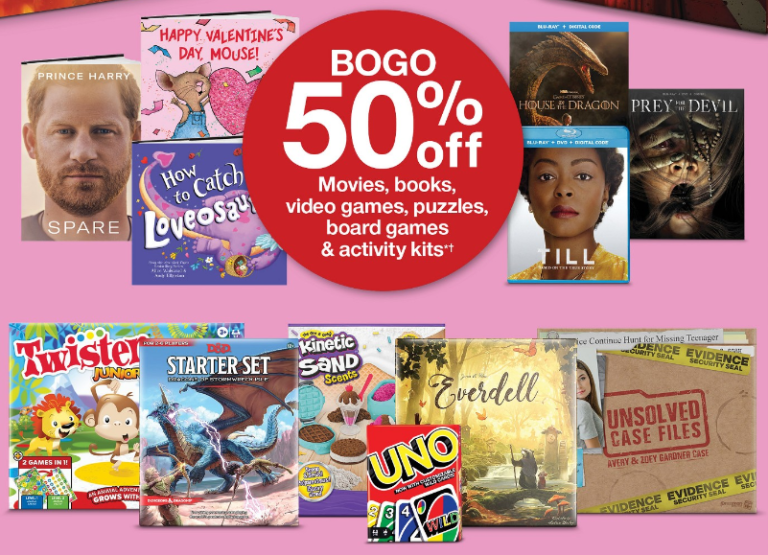 books, movies and games included in the Target deal on a pink background