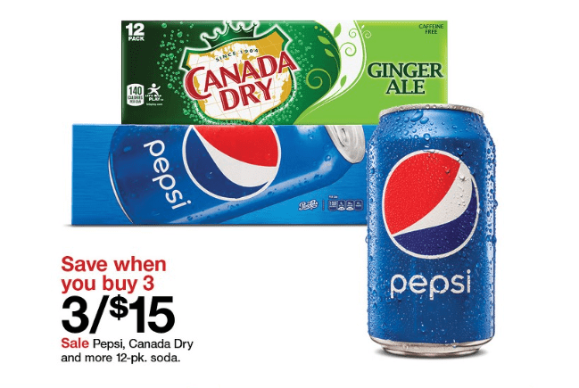 Target soda savings deals from the weekly ad showing a can of Pepsi and multipacks of Pepsi and Canada dry
