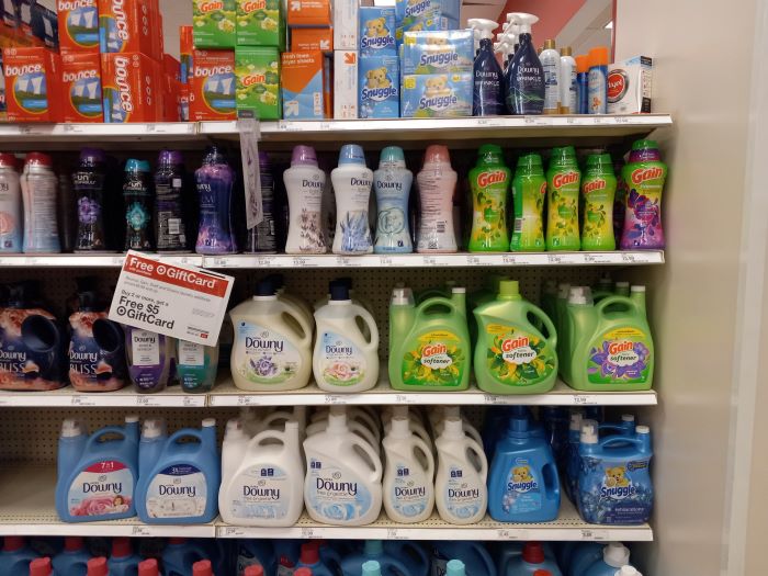 laundry products on a Target shelf included in the laundry deals at Target