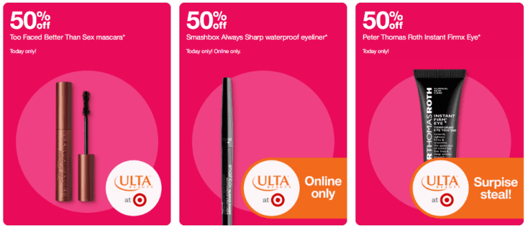 Too Faced Mascara and more Ulta products on a pink background