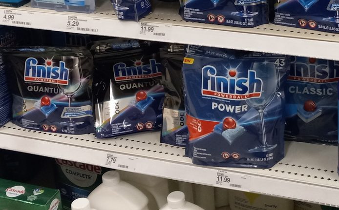 Finish dish detergents on a shelf at Target