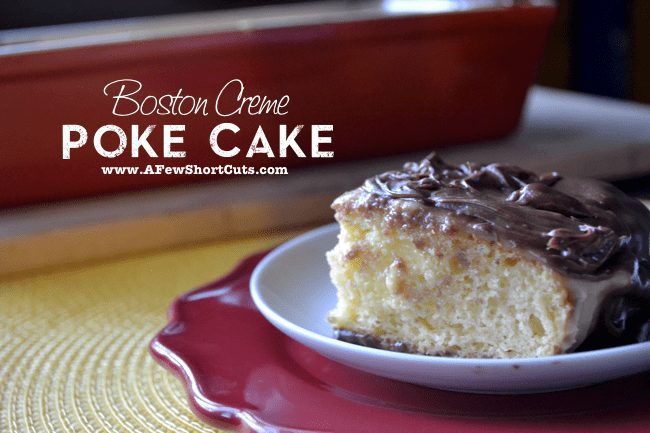 boston creme poke cake on a plate