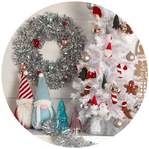 Five Below Christmas decor including tree, wreath and gnomes