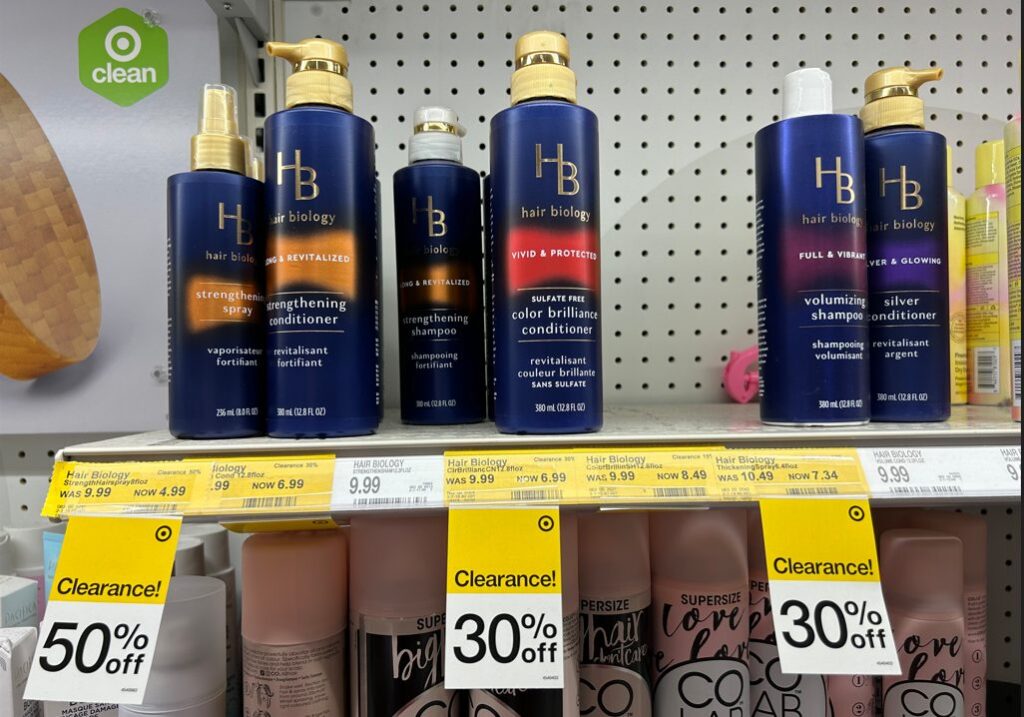 row of Hair Biology shampoo included in hair care clearance at Target